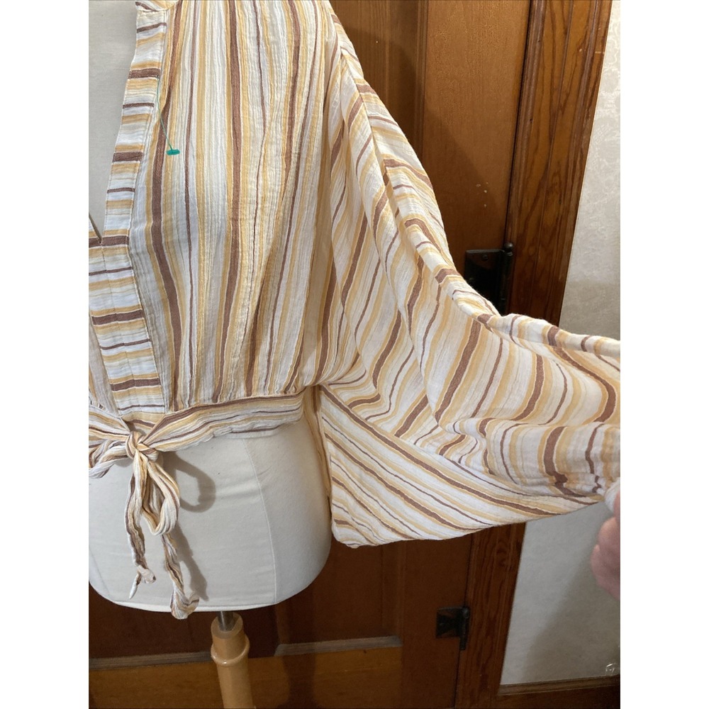 Anthropologie tie-front balloon sleeve striped blouse Sz M Gauze Coastal Boho - Picture 6 of 8